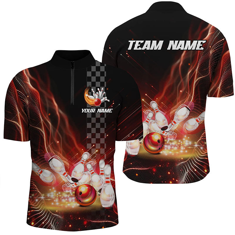 Mens bowling Quarter Zip Shirt Custom Red light bowling ball and pins Team Jersey, gift for Bowlers TTV144