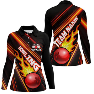 Women Bowling Polo Shirts Custom Red light bowling ball and pins Team bowling Jersey, gift for Bowlers TTV134