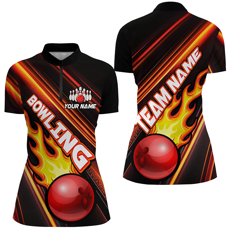 Women Quarter Zip Shirt Custom Red light bowling ball and pins Team Bowling Jersey, gift for Bowlers TTV134