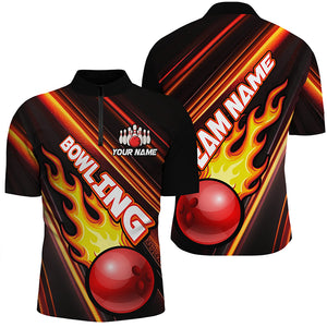 Mens bowling Quarter Zip Shirt Custom Red light bowling ball and pins Team Jersey, gift for Bowlers TTV134