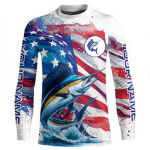 Load image into Gallery viewer, Personalized American Flag Sailfish Fishing Shirts, Patriotic Sailfish Long Sleeve Fishing Shirt TTV146