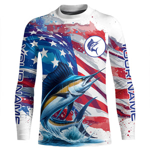 Personalized American Flag Sailfish Fishing Shirts, Patriotic Sailfish Long Sleeve Fishing Shirt TTV146