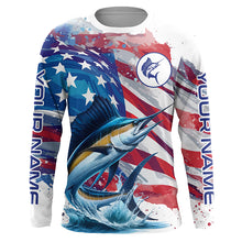 Load image into Gallery viewer, Personalized American Flag Sailfish Fishing Shirts, Patriotic Sailfish Long Sleeve Fishing Shirt TTV146