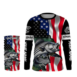 Striped bass fishing American Flag patriotic UV protection customize name fishing apparel TTV123