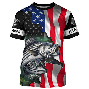 Striped bass fishing American Flag patriotic UV protection customize name fishing apparel TTV123