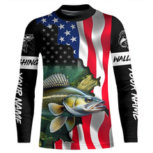 Load image into Gallery viewer, American Flag Walleye Fishing Custom Name performance long sleeve fishing shirt uv protection TTV124