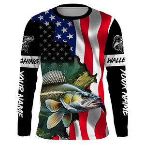 American Flag Walleye Fishing Custom Name performance long sleeve fishing shirt uv protection TTV124