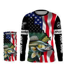 Load image into Gallery viewer, American Flag Walleye Fishing Custom Name performance long sleeve fishing shirt uv protection TTV124