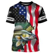 Load image into Gallery viewer, American Flag Walleye Fishing Custom Name performance long sleeve fishing shirt uv protection TTV124