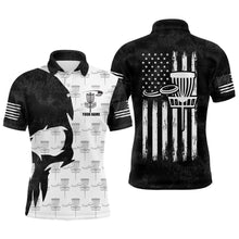 Load image into Gallery viewer, Disc Golf Basket Pattern Black Skull American Flag Mens Polo Shirt Disc Golf Gifts For Men LDT0375