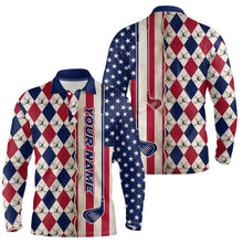 Load image into Gallery viewer, American Flag Argyle Golf Polo Shirts For Mens Custom Name, Patriotic Golf Gifts YYD0061