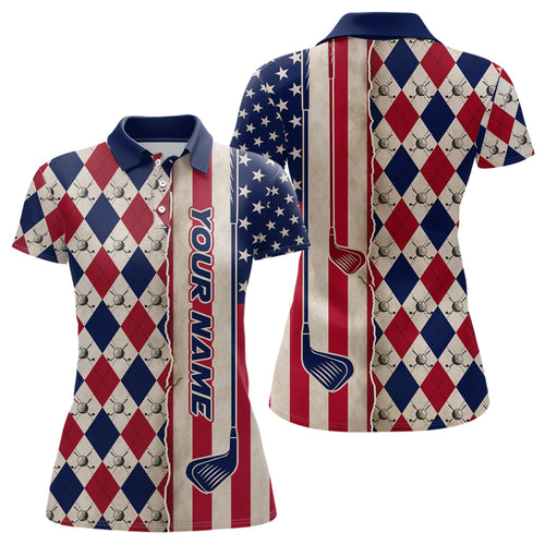 American Flag Argyle Golf Polo Shirts For Womens Custom Name, Patriotic Golf Gifts YYD0061