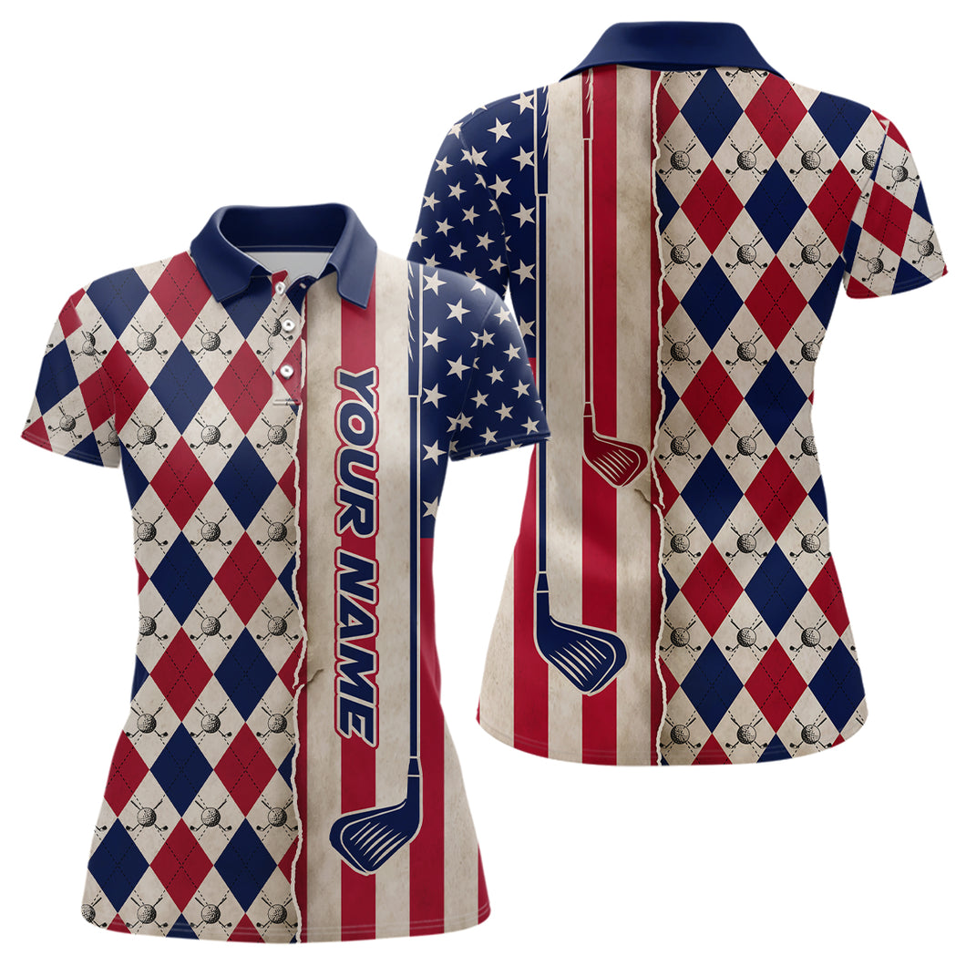 American Flag Argyle Golf Polo Shirts For Womens Custom Name, Patriotic Golf Gifts YYD0061