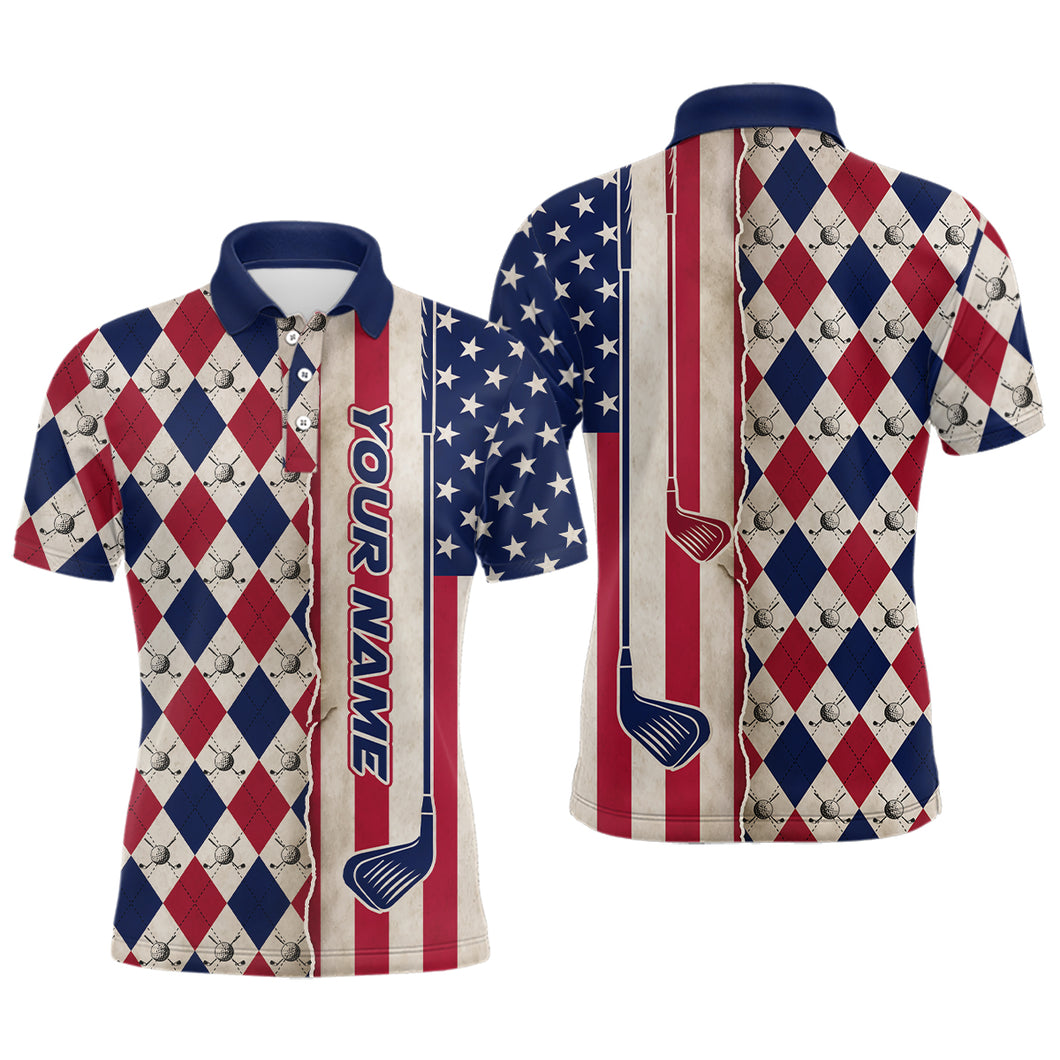 American Flag Argyle Golf Polo Shirts For Mens Custom Name, Patriotic Golf Gifts YYD0061