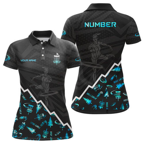 Blue Neon Black Womens Disc Golf Polo Shirts Custom Name And Number Disc Golf Gifts For Women TY1