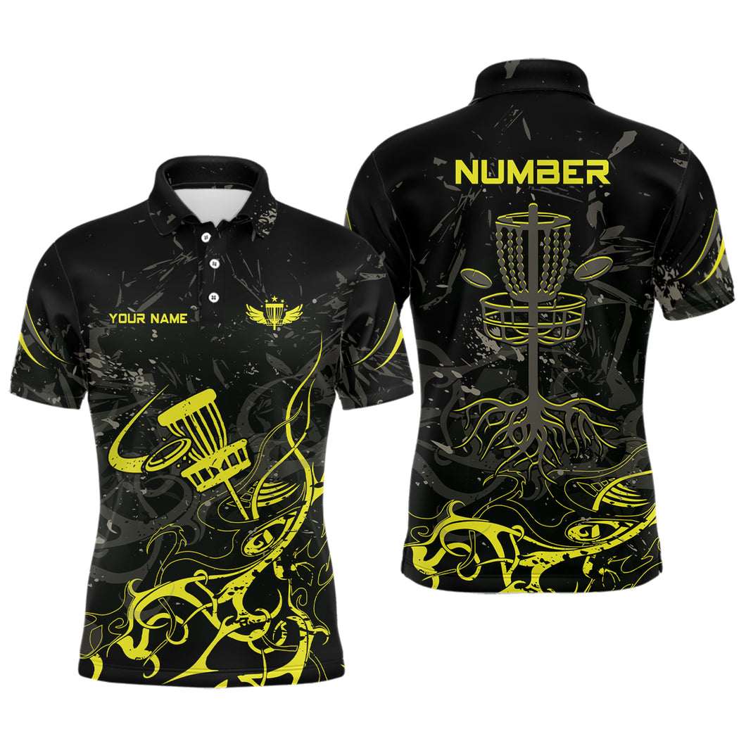 Yellow Camo Black Mens Disc Golf Polo Shirts Custom Disc Golf Basket Tree Personalized Golf Gifts For Men TY2