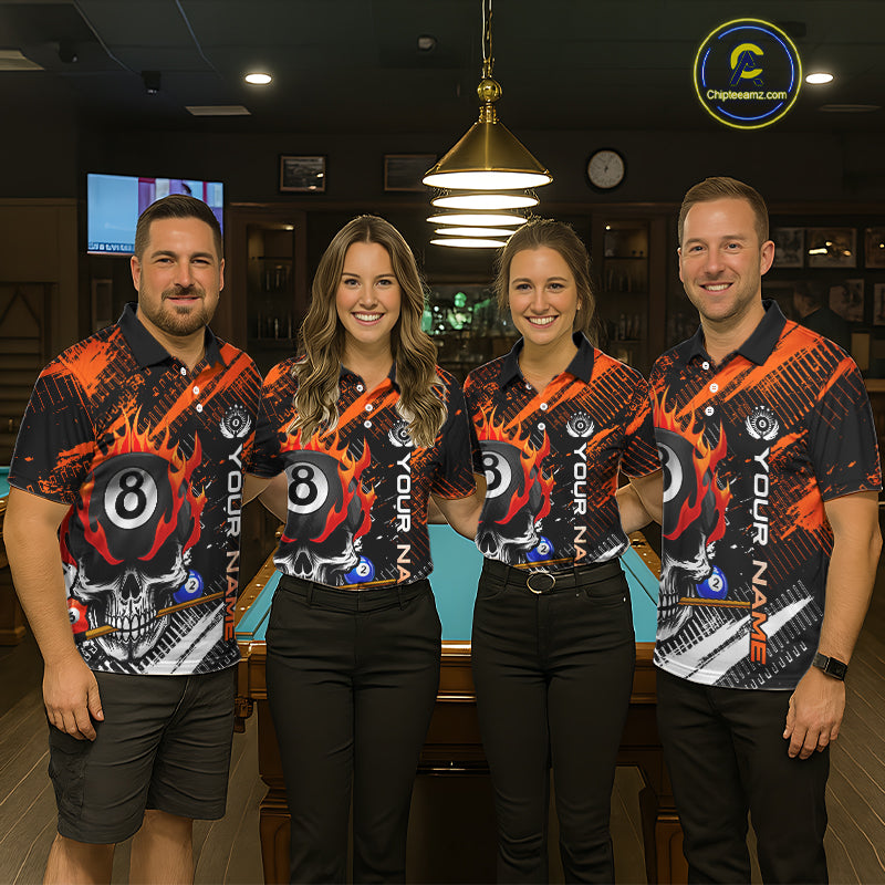 Personalized Name Billiard Skull Flame Polo Shirts For Woman  Custom Team Name Billiard Shirt Design YYD0015