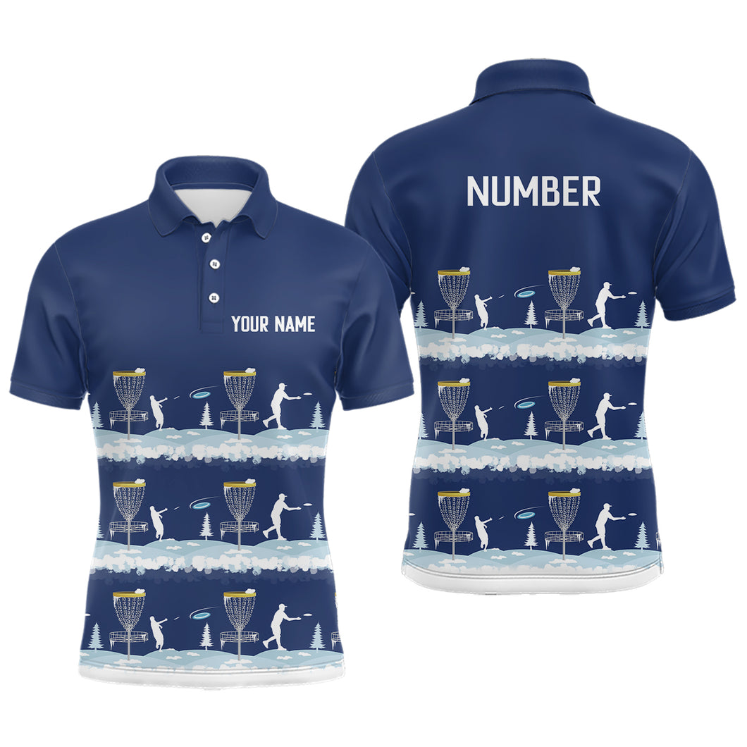 Winter Disc Golf Pattern Mens Disc Golf Polo Shirt Custom Name And Number Disc Golf Gifts For Men | Dark Blue YYD0018