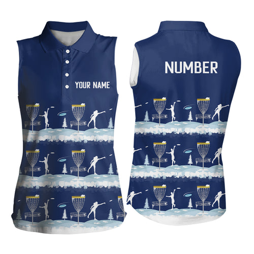 Winter Disc Golf Pattern Womens Disc Golf Sleeveless Polo Shirts Custom Name And Number Disc Golf Gifts For Woman | Dark Blue YYD0018