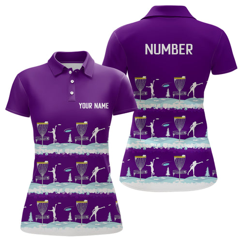 Winter Disc Golf Pattern Womans Disc Golf Polo Shirt Custom Name And Number Disc Golf Gifts For Woman | Purple YYD0019
