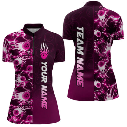 Bowling Quarter Zip Shirts For Women Custom Name Bowling Flame Lightning Team Jersey Shirt YYD0030