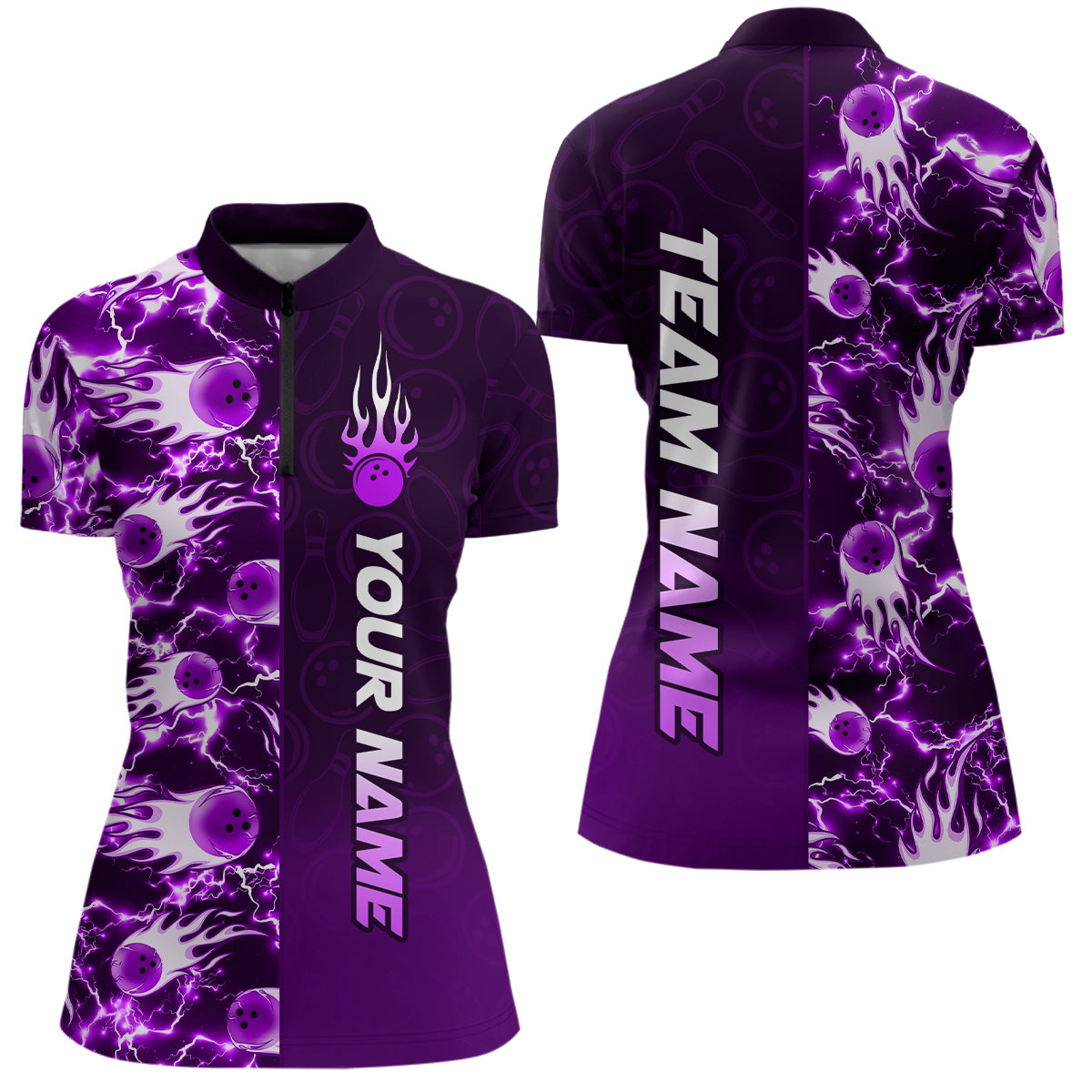 Bowling Quarter Zip Shirts For Women Custom Name Bowling Flame Lightning Team Jersey Shirt YYD0030