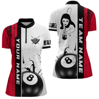 Ball 8 Grunge Ink Style Billiard Women Quarter-Zip Shirts Custom Name Billiard Shirt Colors YYD0069