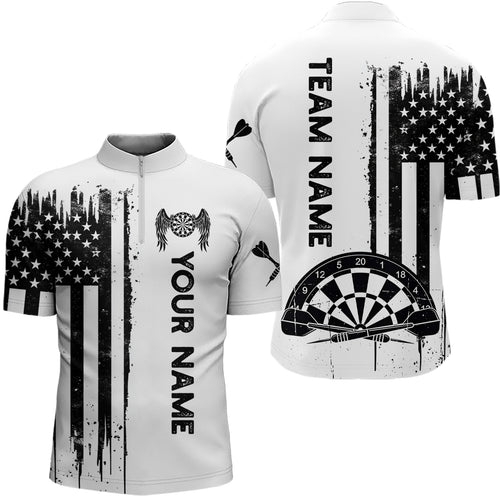 Darts American Flag Grunge Quarter-Zip Shirt Custom Patriotic Darts Shirt For Men Dart Jersey YYD0078 - Black White