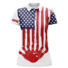 Load image into Gallery viewer, Personalized America Flag Polo Bowling Shirt Flame Bowling Ball and Pins Short Sleeve Polo for Men Women Bowlers A16