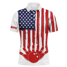 Load image into Gallery viewer, Personalized America Flag Polo Bowling Shirt Flame Bowling Ball and Pins Short Sleeve Polo for Men Women Bowlers A16