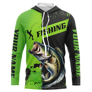 Custom Bass Fishing Long Sleeve Tournament Shirts, Largemouth Bass Fishing Jerseys | Black And Green IPHW6332