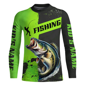 Custom Bass Fishing Long Sleeve Tournament Shirts, Largemouth Bass Fishing Jerseys | Black And Green IPHW6332