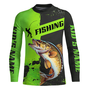 Custom Walleye Fishing Long Sleeve Tournament Shirts, Walleye Fishing Jerseys | Black And Green IPHW6333