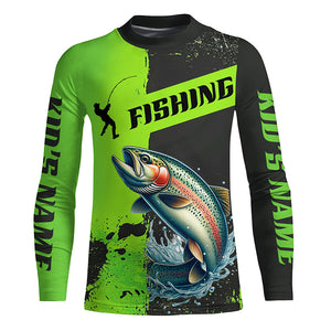 Custom Rainbow Trout Fishing Long Sleeve Tournament Shirts, Trout Fishing Jerseys | Black And Green IPHW6334