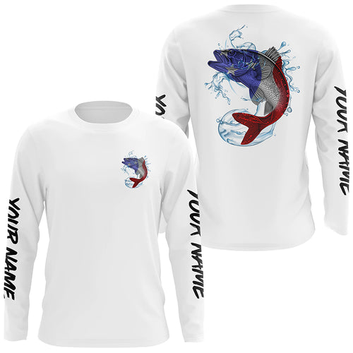 Walleye Fishing American Flag Custom Performance Long Sleeve Fishing Shirts, Patriotic Fishing Gifts IPHW5738