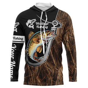 Fish Hook Walleye Fishing Custom Long Sleeve Tournament Fishing Shirts Fishing Jerseys | Grass Camo IPHW5740