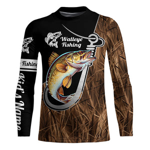 Fish Hook Walleye Fishing Custom Long Sleeve Tournament Fishing Shirts Fishing Jerseys | Grass Camo IPHW5740