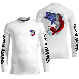 Bass Fishing American Flag Custom Long Sleeve Performance Shirts, Patriotic Bass Fishing Jerseys IPHW6399