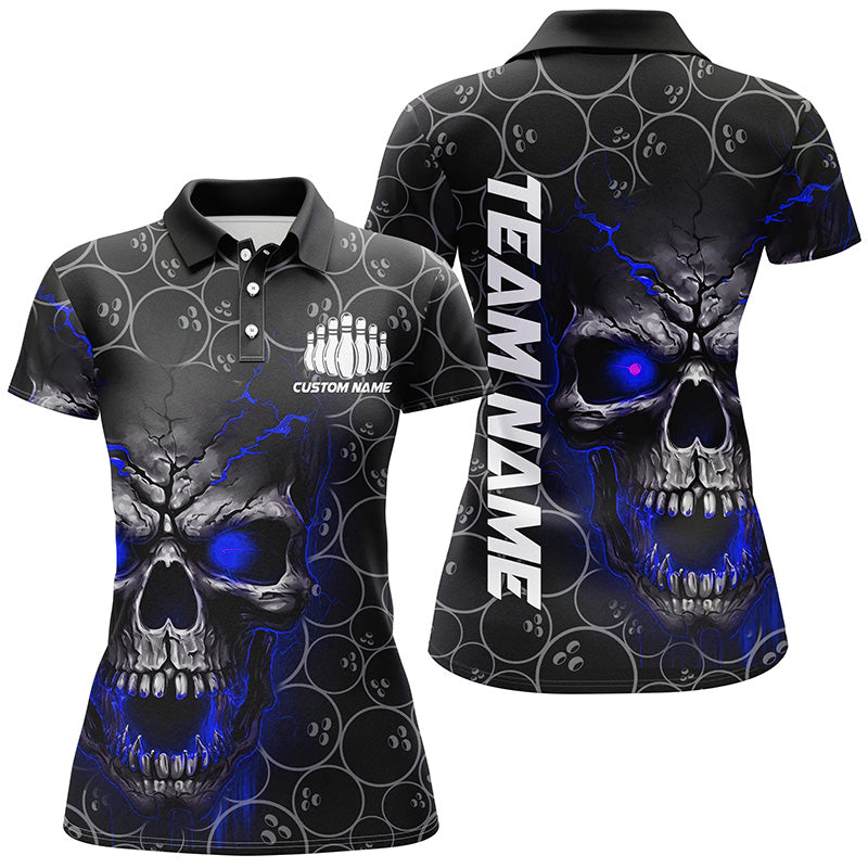 Custom Blue Skull Bowling Polo Shirts For Women, Bowling Pattern Bowling Team Jerseys IPHW5235