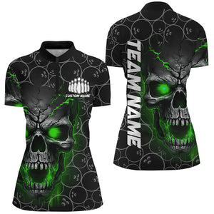 Custom Green Skull Bowling Polo Shirts For Women, Bowling Pattern Bowling Team Jerseys IPHW5236