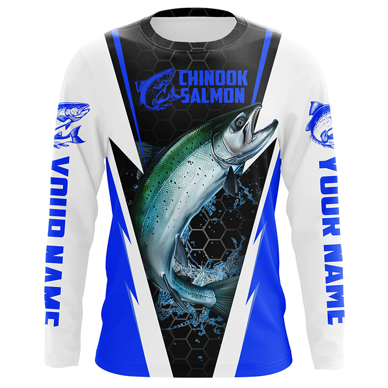 Custom Chinook King Salmon Fishing Jerseys, Salmon Long Sleeve Tournament Fishing Shirts | Blue IPHW6066