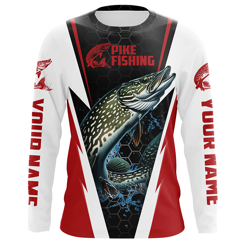 Custom Northern Pike Fishing Jerseys, Pike Long Sleeve Performance Fishing Shirts | Red IPHW6069