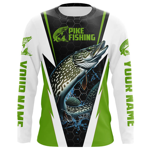 Custom Northern Pike Fishing Jerseys, Pike Long Sleeve Performance Fishing Shirts | Green IPHW6070