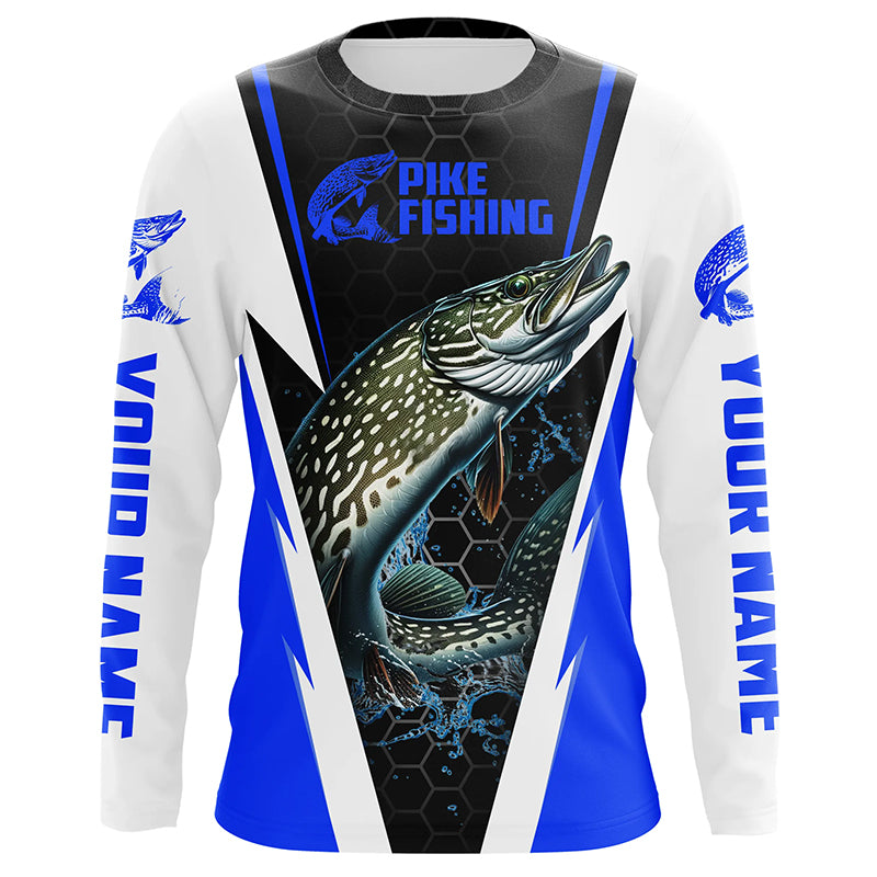 Custom Northern Pike Fishing Jerseys, Pike Long Sleeve Performance Fishing Shirts | Blue IPHW6071