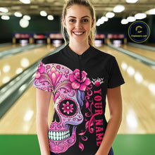 Load image into Gallery viewer, Pink Sugar Skull Tattoo Custom Women'S Bowling Quarter Zip Shirts, Halloween Bowling Shirts IPHW5243