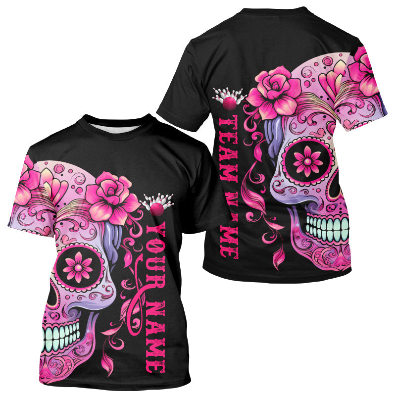 Pink Sugar Skull Tattoo Custom Men Bowling T-Shirts Shirts, Halloween Team Bowling Jerseys IPHW5243
