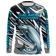 Load image into Gallery viewer, Salmon Fishing Custom Long Sleeve Performance Fishing Shirts, Blue Camo Salmon Fishing Jerseys IPHW6087