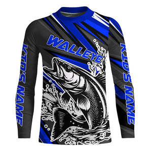 Personalized Walleye Fishing Jerseys, Walleye Fishing Long Sleeve Tournament Fishing Shirts | Blue IPHW5788