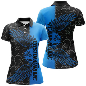 Black And Blue Custom Ladies Bowling Tournament Team Shirts, Bowling Ball And Wings Jerseys IPHW6447