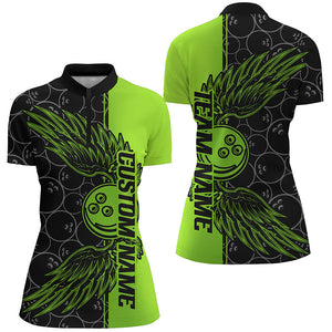 Black And Green Custom Ladies Bowling Tournament Team Shirts, Bowling Ball And Wings Jerseys IPHW6448